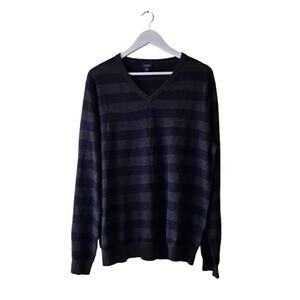 J. Crew Mens Gray & Black Striped Vneck Merino Wool Long Sleeve Sweater - Sz XL